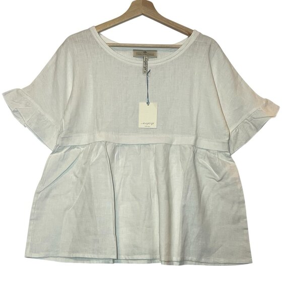 CROWN LINEN DESIGNS 100% Linen Top Size XS White Ruffles Short Bell Sleeves NWT - Picture 1 of 9